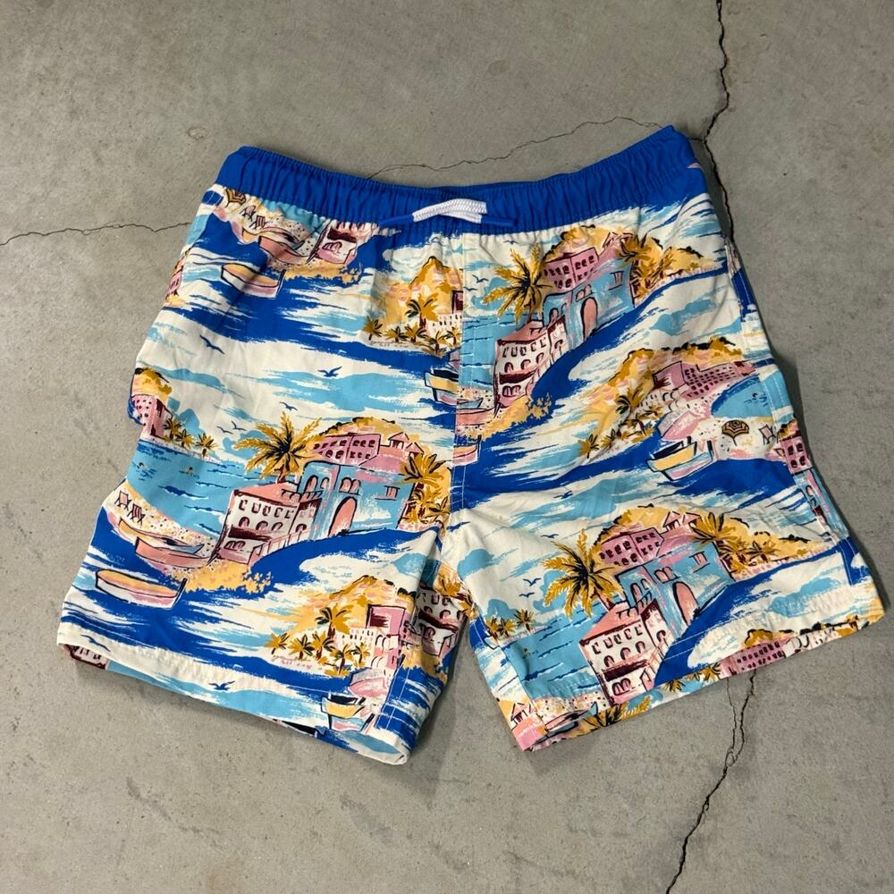 Mini Boden Swim Shorts Seaside Village Print Blue Boys Size 8-9Y 134cm
